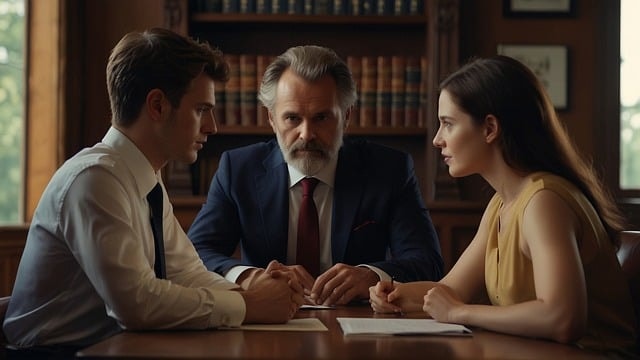 Couple with lawyer in his office